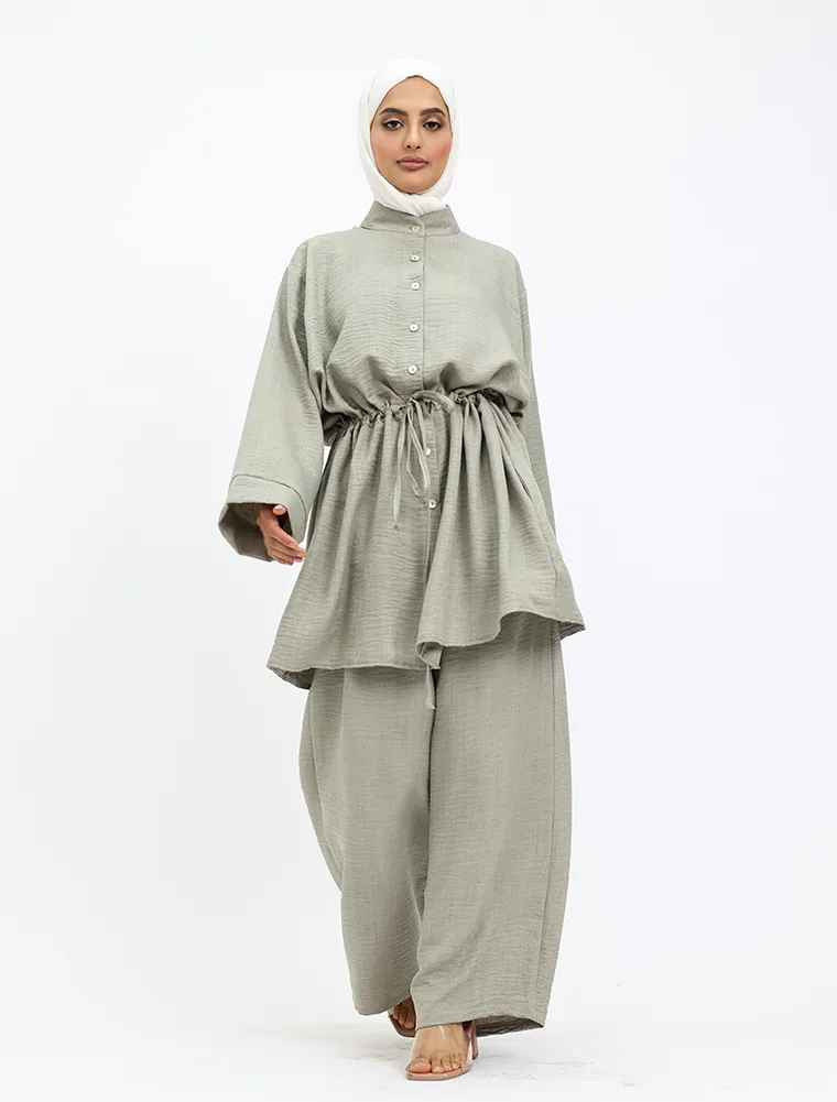 Khaki Linen Feel Drawstring Co Ord Set